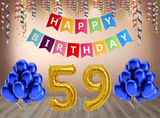 Number 59  Gold Foil Balloon and 25 Nos Blue Color Latex Balloon and Happy Birthday Banner Combo