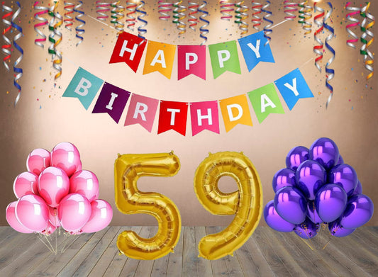 Number  59 Gold Foil Balloon and 25 Nos Pink and Purple Color Latex Balloon and Happy Birthday Banner Combo