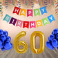Number 60  Gold Foil Balloon and 25 Nos Blue Color Latex Balloon and Happy Birthday Banner Combo