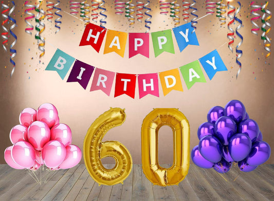 Number 60  Gold Foil Balloon and 25 Nos Pink and Purple Color Latex Balloon and Happy Birthday Banner Combo