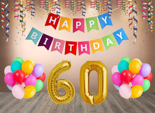 Number 60   Gold Foil Balloon and 25 Nos Multicolor Color Latex Balloon and Happy Birthday Banner Combo