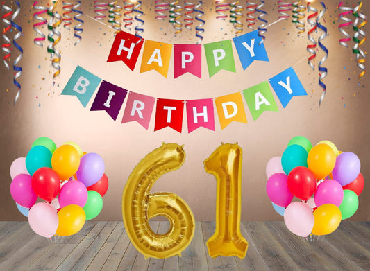 Number  61  Gold Foil Balloon and 25 Nos Multicolor Color Latex Balloon and Happy Birthday Banner Combo