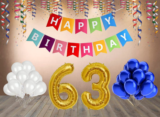 Number 63  Gold Foil Balloon and 25 Nos Blue and White Color Latex Balloon and Happy Birthday Banner Combo