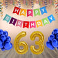Number  63 Gold Foil Balloon and 25 Nos Blue Color Latex Balloon and Happy Birthday Banner Combo