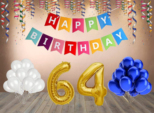 Number 64  Gold Foil Balloon and 25 Nos Blue and White Color Latex Balloon and Happy Birthday Banner Combo