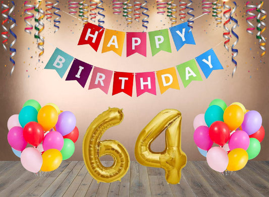 Number 64   Gold Foil Balloon and 25 Nos Multicolor Color Latex Balloon and Happy Birthday Banner Combo