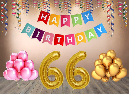 Number 66 Gold Foil Balloon and 25 Nos Pink and Gold Color Latex Balloon and Happy Birthday Banner Combo