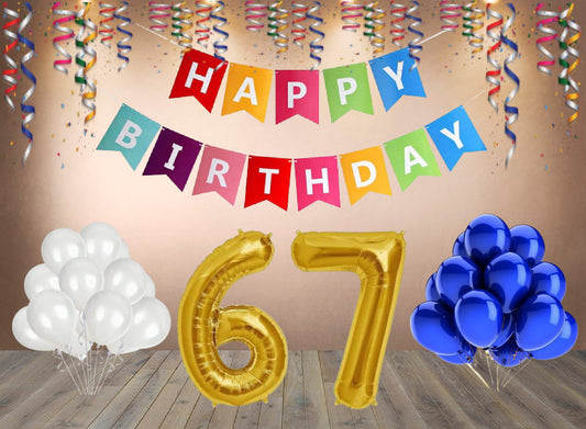 Number 67  Gold Foil Balloon and 25 Nos Blue and White Color Latex Balloon and Happy Birthday Banner Combo