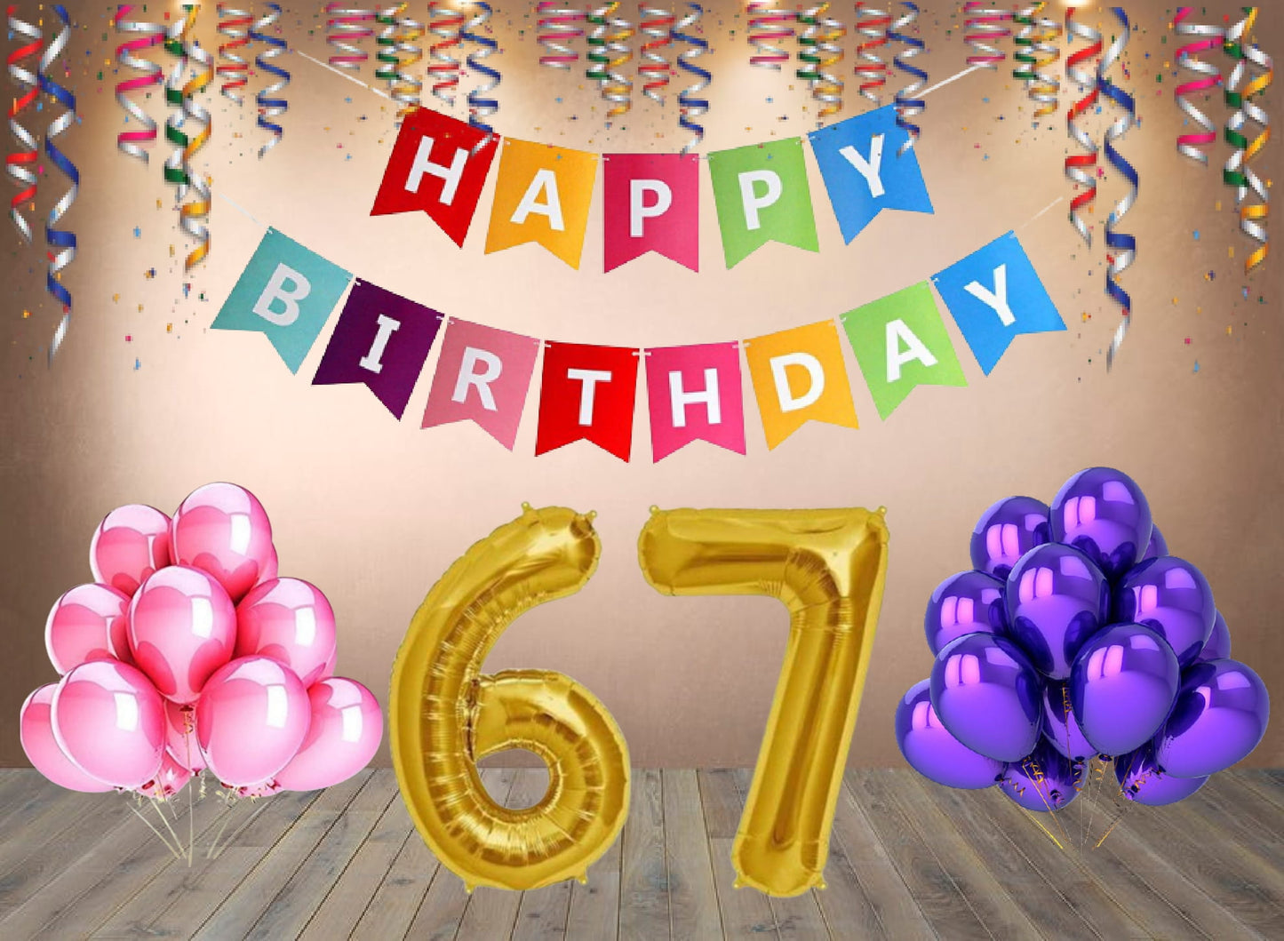 Number 67  Gold Foil Balloon and 25 Nos Pink and Purple Color Latex Balloon and Happy Birthday Banner Combo