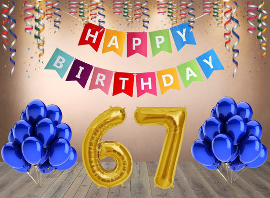 Number 67  Gold Foil Balloon and 25 Nos Blue Color Latex Balloon and Happy Birthday Banner Combo
