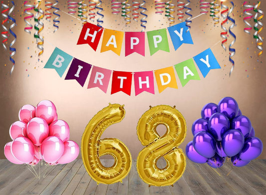 Number  68 Gold Foil Balloon and 25 Nos Pink and Purple Color Latex Balloon and Happy Birthday Banner Combo