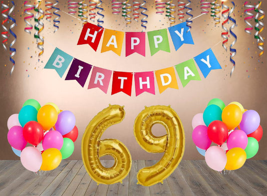 Number  69  Gold Foil Balloon and 25 Nos Multicolor Color Latex Balloon and Happy Birthday Banner Combo