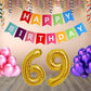 Number 69  Gold Foil Balloon and 25 Nos Pink and Purple Color Latex Balloon and Happy Birthday Banner Combo