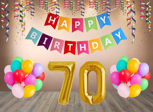 Number 70 Gold Foil Balloon and 25 Nos Multicolor Color Latex Balloon and Happy Birthday Banner Combo