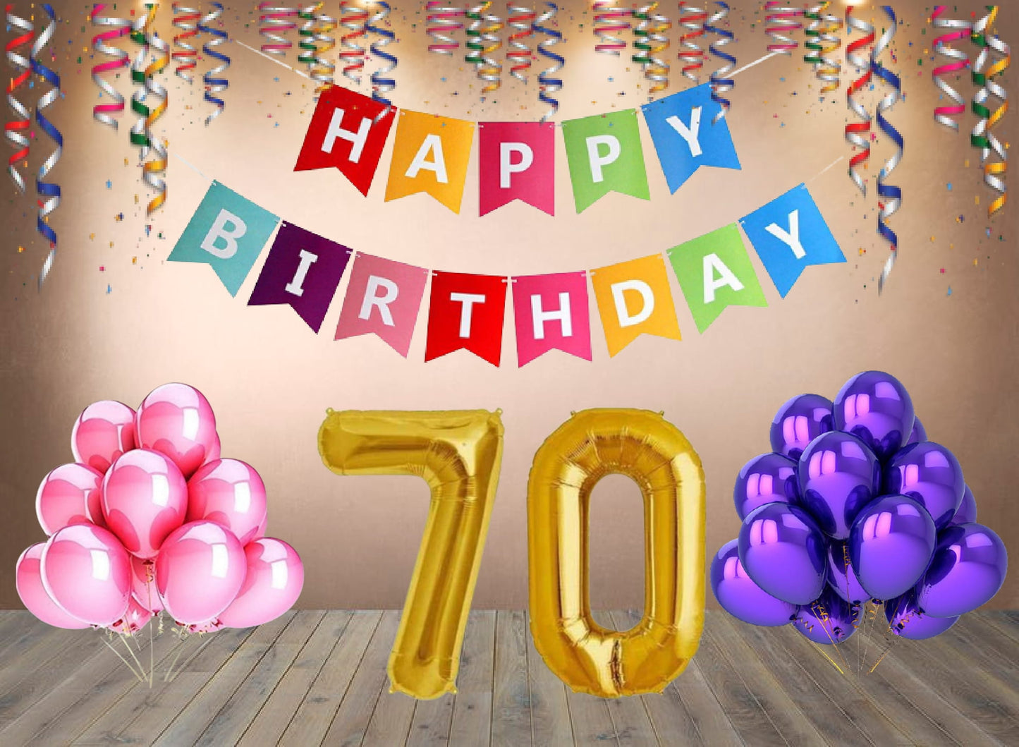 Number 70  Gold Foil Balloon and 25 Nos Pink and Purple Color Latex Balloon and Happy Birthday Banner Combo