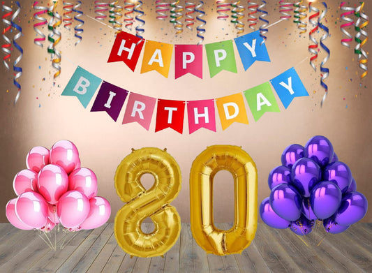 Number  80 Gold Foil Balloon and 25 Nos Pink and Purple Color Latex Balloon and Happy Birthday Banner Combo
