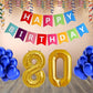 Number 80  Gold Foil Balloon and 25 Nos Blue Color Latex Balloon and Happy Birthday Banner Combo