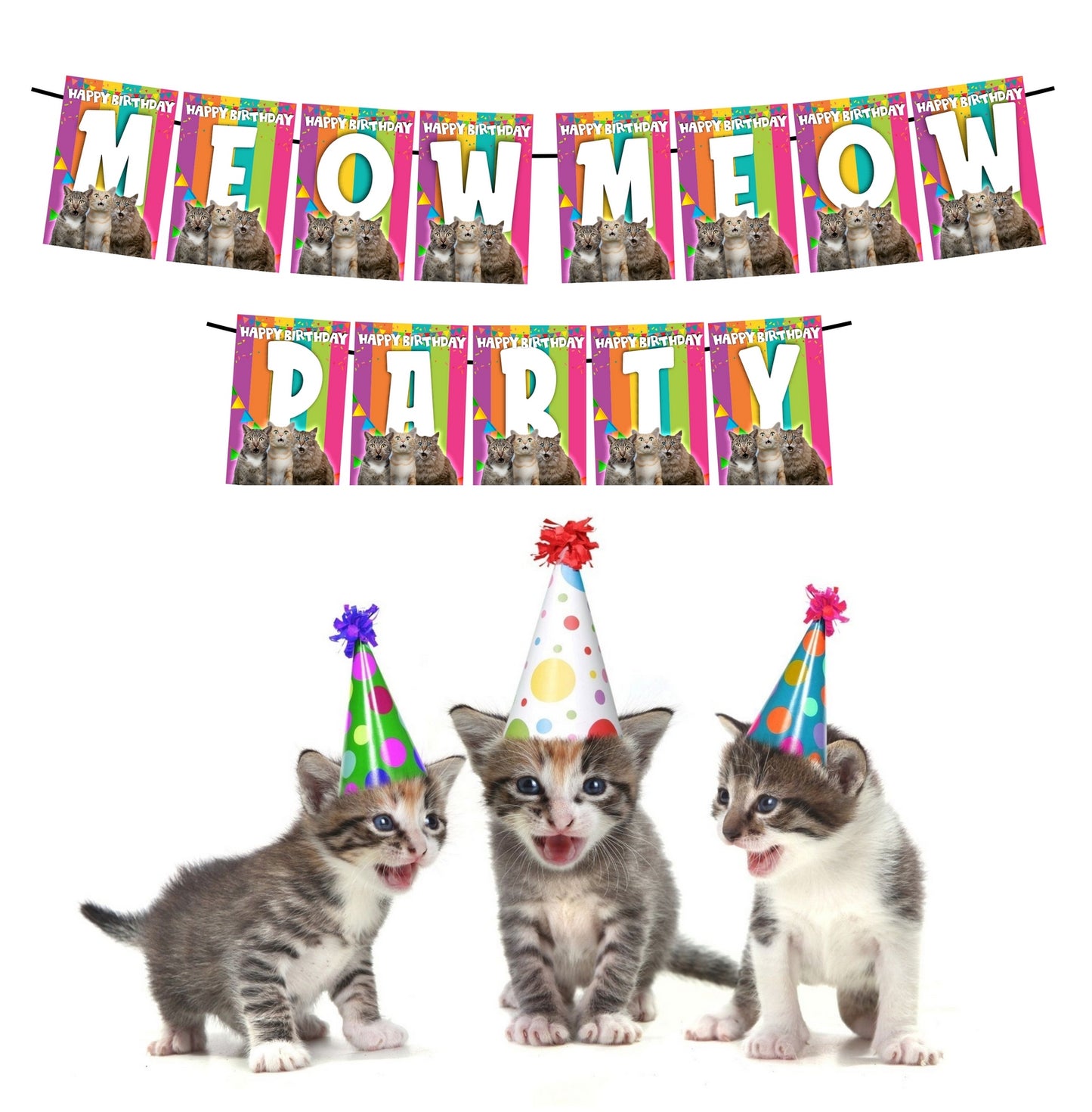 Meow Meow Cat Theme Happy Birthday Decoration Hanging and Banner for Photo Shoot Backdrop and Theme Party