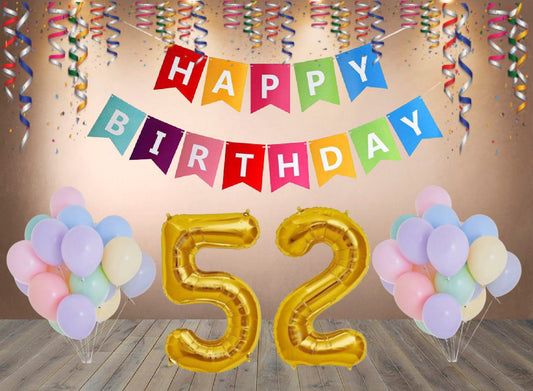Number 52  Gold Foil Balloon and 25 Nos Pastel Color Latex Balloon and Happy Birthday Banner Combo