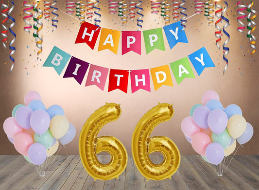 Number  66 Gold Foil Balloon and 25 Nos Pastel Color Latex Balloon and Happy Birthday Banner Combo