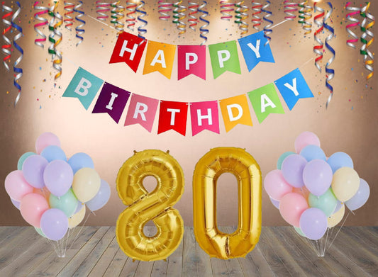 Number 80  Gold Foil Balloon and 25 Nos Pastel Color Latex Balloon and Happy Birthday Banner Combo