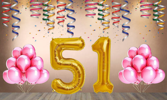 Number 51 Gold Foil Balloon and 25 Nos Pink Color Latex Balloon Combo