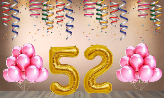 Number 52 Gold Foil Balloon and 25 Nos Pink Color Latex Balloon Combo