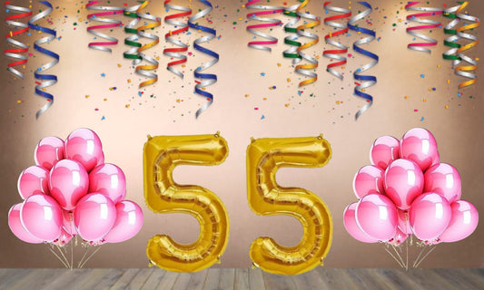 Number 55 Gold Foil Balloon and 25 Nos Pink Color Latex Balloon Combo