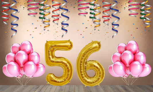 Number 56 Gold Foil Balloon and 25 Nos Pink Color Latex Balloon Combo