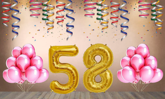Number 58 Gold Foil Balloon and 25 Nos Pink Color Latex Balloon Combo