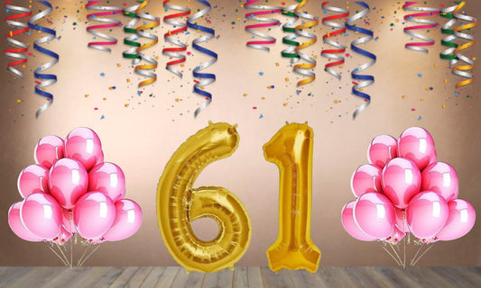Number 61 Gold Foil Balloon and 25 Nos Pink Color Latex Balloon Combo