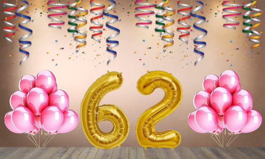 Number 62 Gold Foil Balloon and 25 Nos Pink Color Latex Balloon Combo