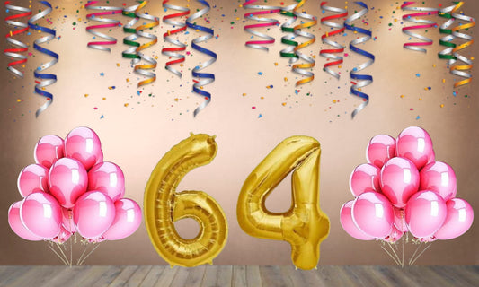 Number 64 Gold Foil Balloon and 25 Nos Pink Color Latex Balloon Combo