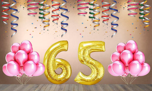 Number  65 Gold Foil Balloon and 25 Nos Pink Color Latex Balloon Combo