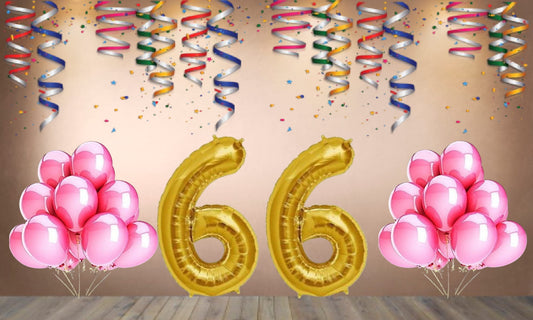 Number 66 Gold Foil Balloon and 25 Nos Pink Color Latex Balloon Combo