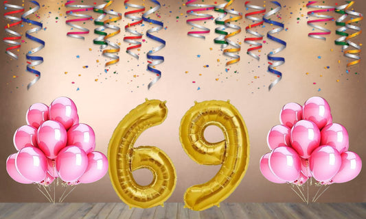 Number 69 Gold Foil Balloon and 25 Nos Pink Color Latex Balloon Combo
