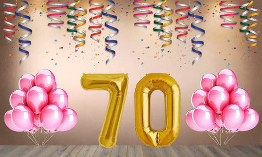 Number 70 Gold Foil Balloon and 25 Nos Pink Color Latex Balloon Combo