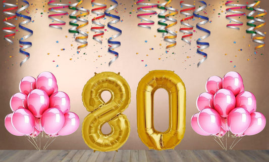 Number 80 Gold Foil Balloon and 25 Nos Pink Color Latex Balloon Combo
