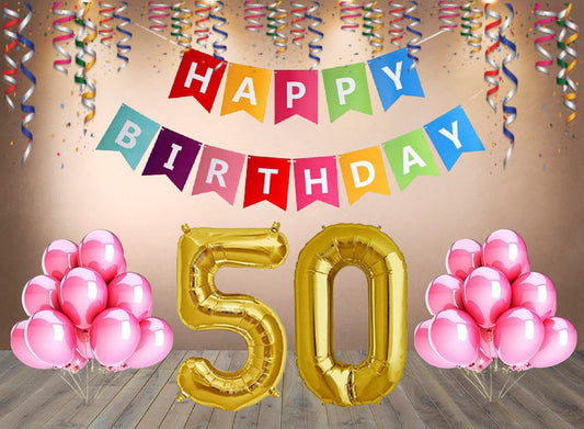 Number 50  Gold Foil Balloon and 25 Nos Pink Color Latex Balloon and Happy Birthday Banner Combo
