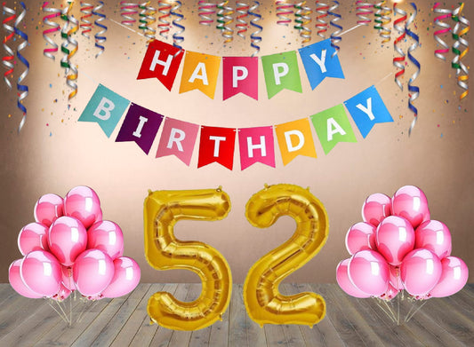 Number  52 Gold Foil Balloon and 25 Nos Pink Color Latex Balloon and Happy Birthday Banner Combo