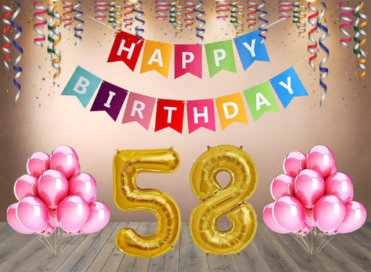 Number 58  Gold Foil Balloon and 25 Nos Pink Color Latex Balloon and Happy Birthday Banner Combo
