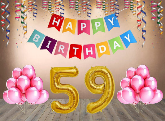 Number  59 Gold Foil Balloon and 25 Nos Pink Color Latex Balloon and Happy Birthday Banner Combo