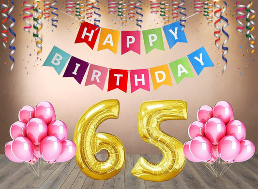 Number  65 Gold Foil Balloon and 25 Nos Pink Color Latex Balloon and Happy Birthday Banner Combo
