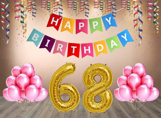 Number 68  Gold Foil Balloon and 25 Nos Pink Color Latex Balloon and Happy Birthday Banner Combo