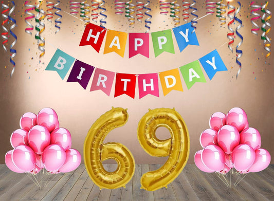 Number 69  Gold Foil Balloon and 25 Nos Pink Color Latex Balloon and Happy Birthday Banner Combo